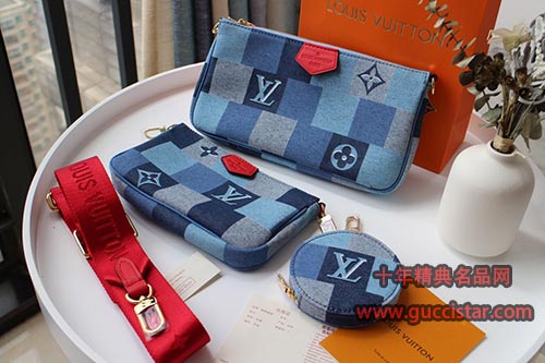 Multi Pochette Accessories手袋藍格子帆布lv三件套